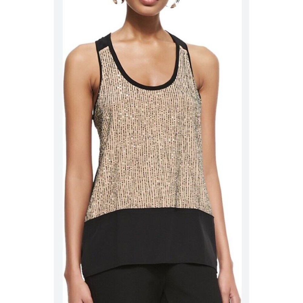 NWT $298 EILEEN FISHER Sequin Rivulet Silk Crepe de Chine BLACK ROSEWATER Top‎ M